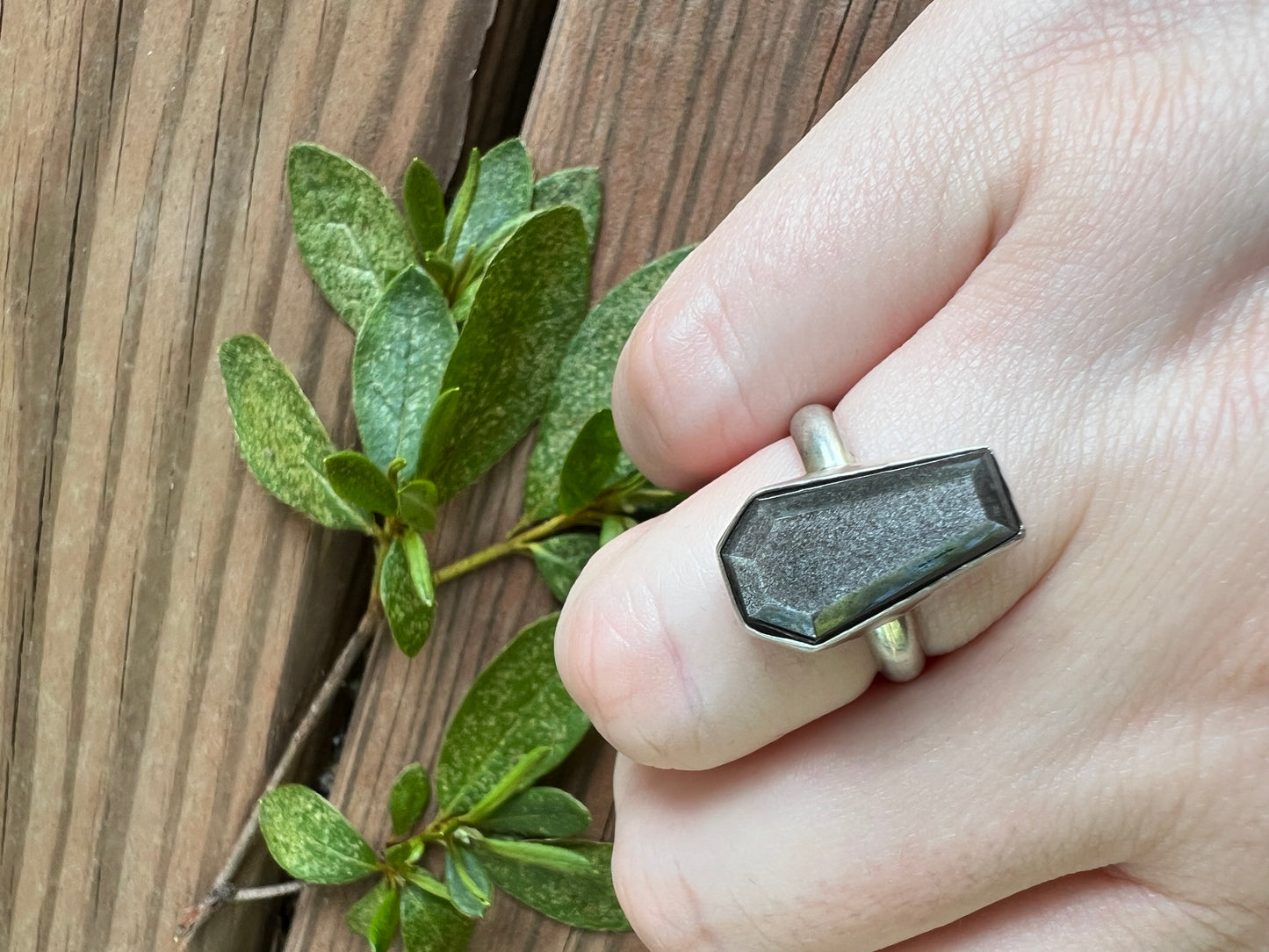 Sterling Silver and Silver Sheen Obsidian Coffin Ring