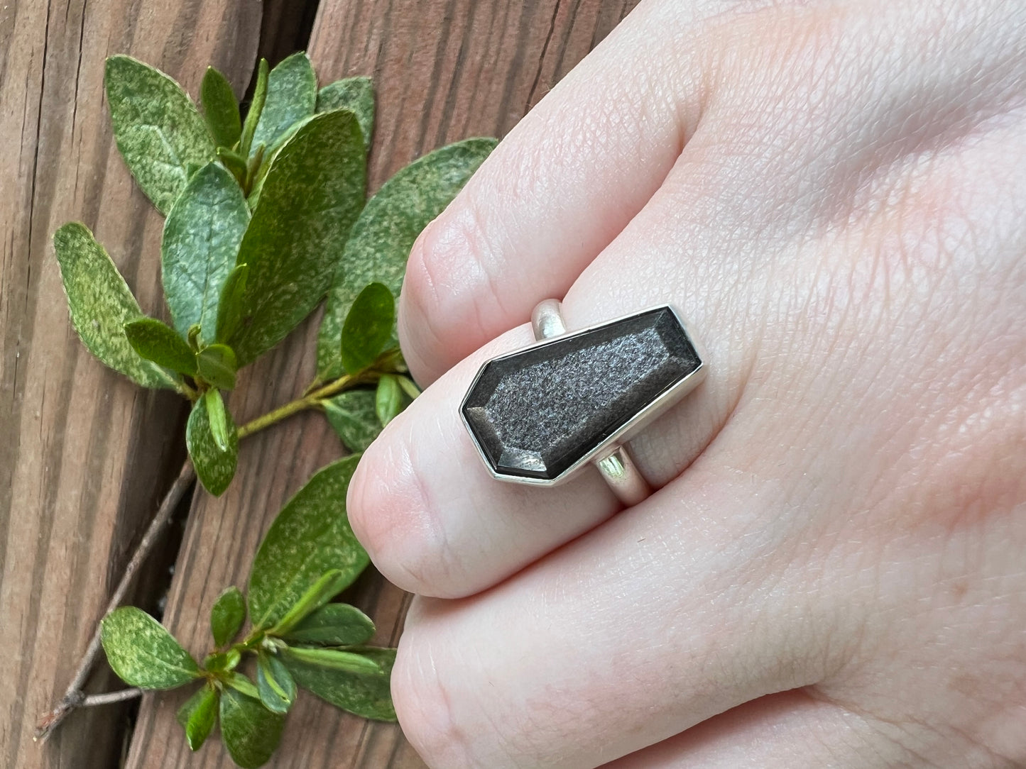 Sterling Silver and Silver Sheen Obsidian Coffin Ring