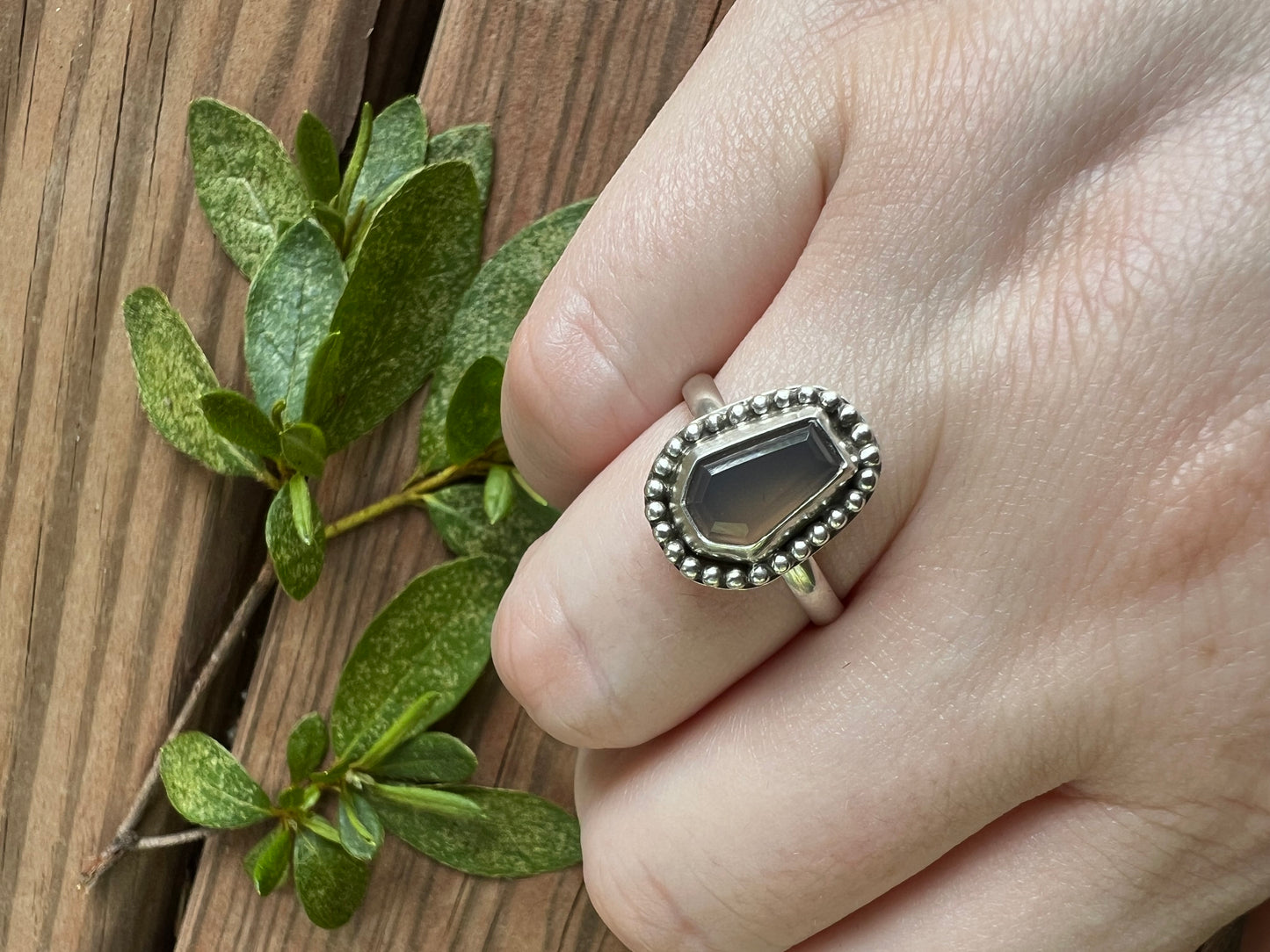 Sterling Silver and Gray Calcedony Coffin Ring