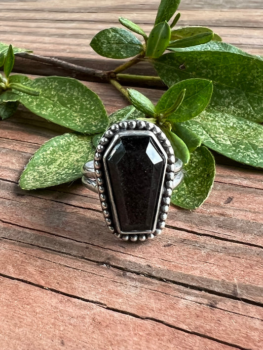 Sterling Silver and Silver Sheen Obsidian Coffin Ring