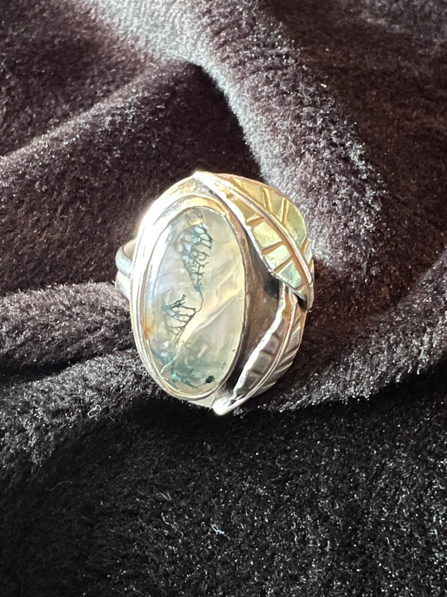 Sterling Silver and Moss Agate Leafy Ring