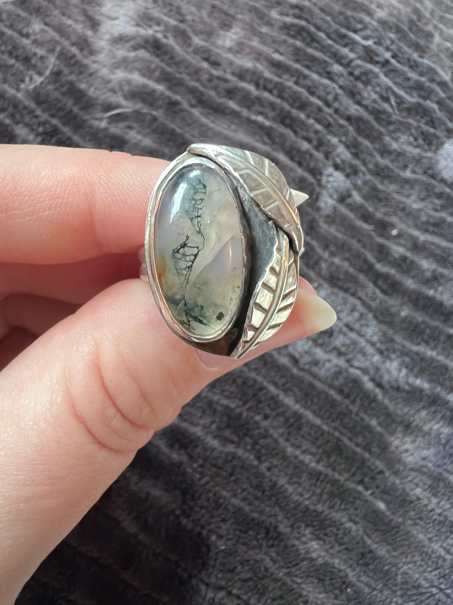 Sterling Silver and Moss Agate Leafy Ring