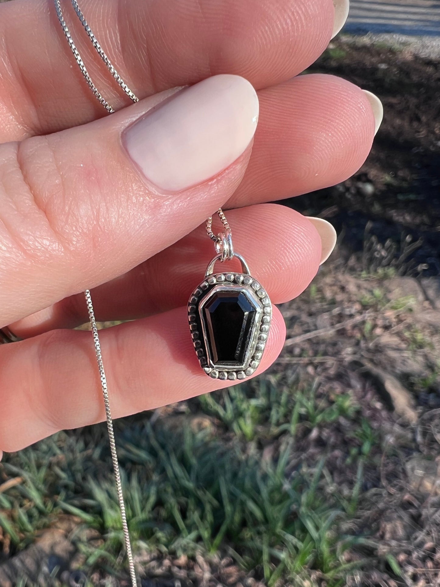 Sterling Silver and Black Onyx Coffin Pendant