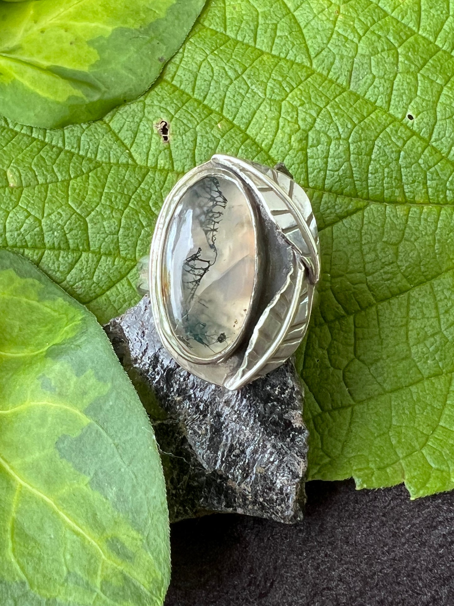 Sterling Silver and Moss Agate Leafy Ring