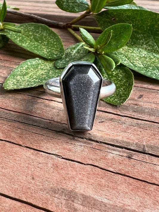 Sterling Silver and Silver Sheen Obsidian Coffin Ring