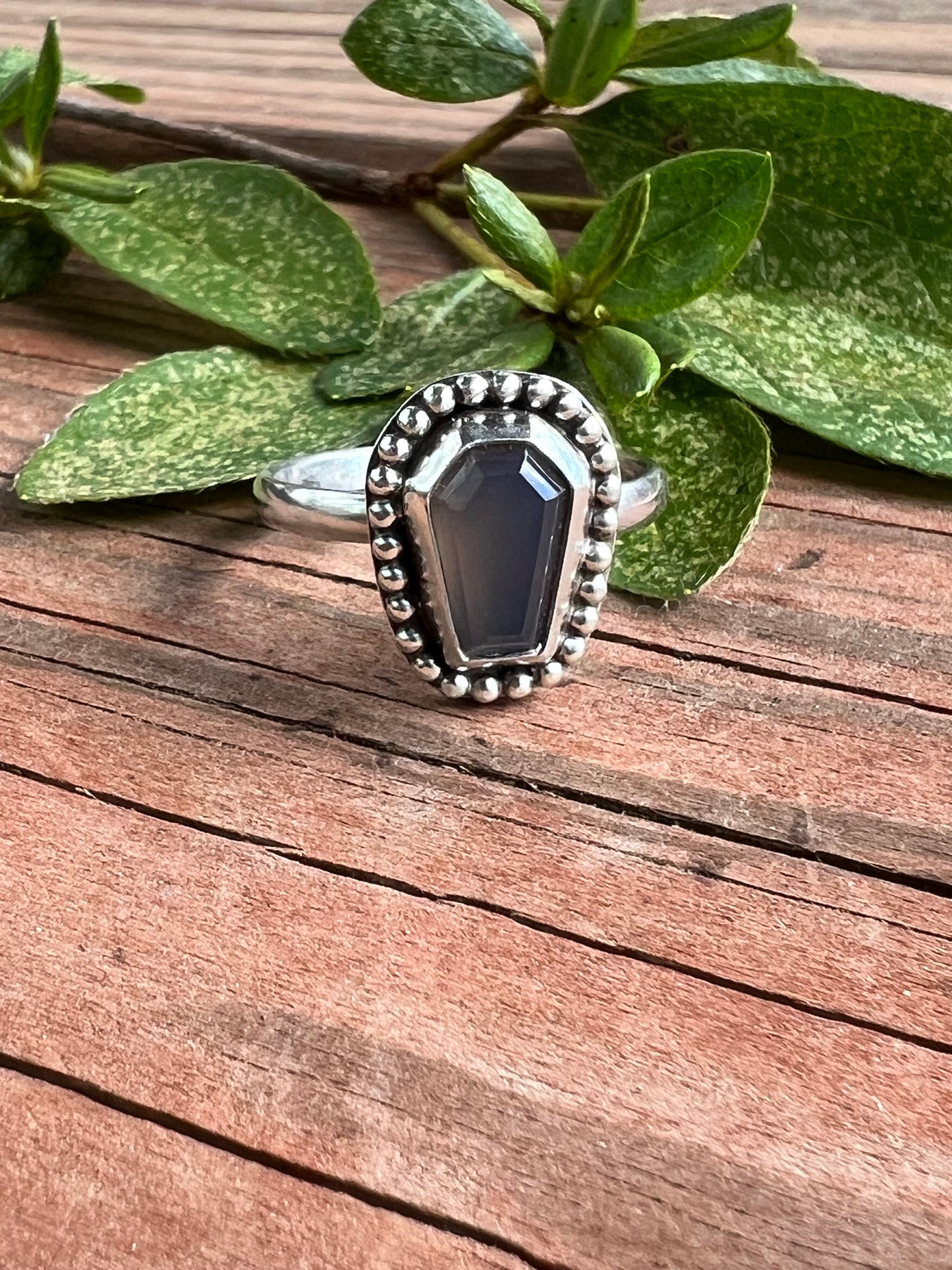 Sterling Silver and Gray Calcedony Coffin Ring