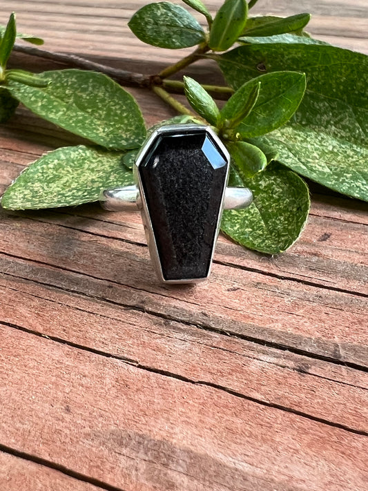 Sterling Silver and Silver Sheen Obsidian Coffin Ring