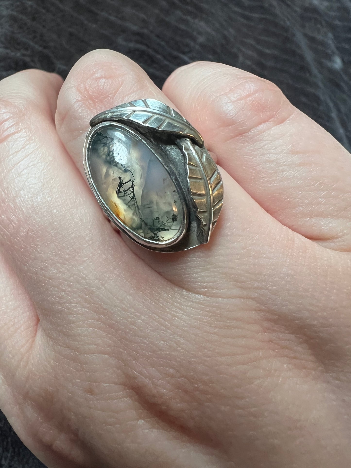 Sterling Silver and Moss Agate Leafy Ring